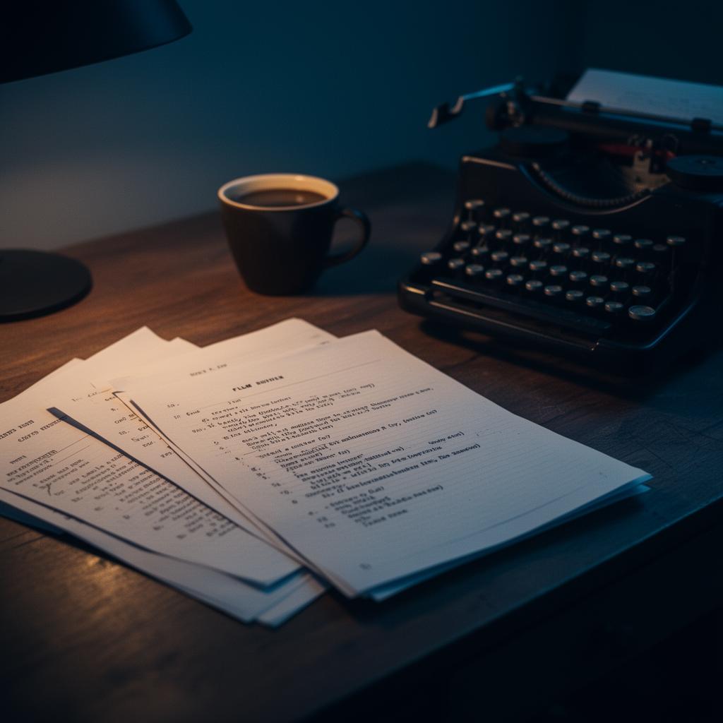 Pages de scénario et machine à écrire sur un bureau, écriture de film
