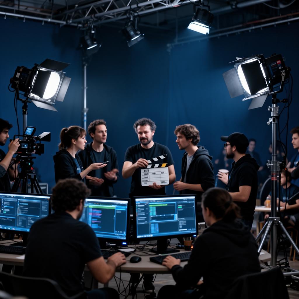 Équipe de tournage coordonnant autour des moniteurs sur un plateau