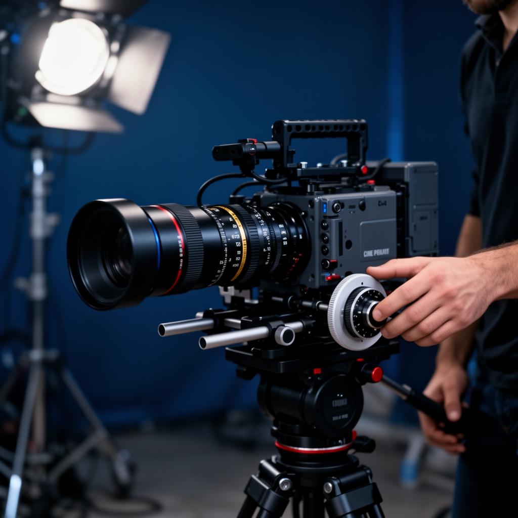 Caméra cinéma professionnelle avec optique et follow focus sur trépied