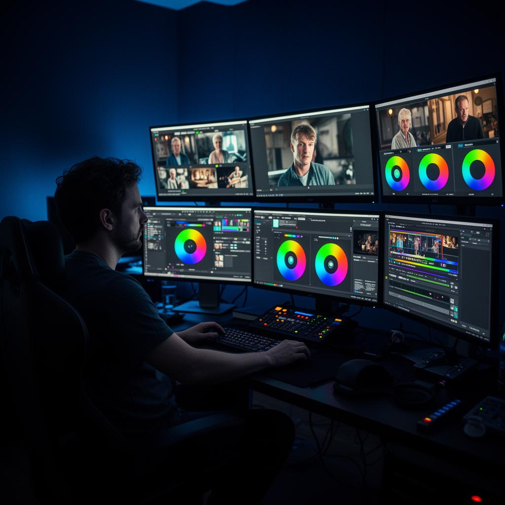 Suite d'étalonnage post-production avec moniteurs et roues chromatiques